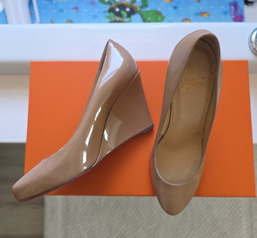 Christian Louboutin Nude Patent Wedge Pumps